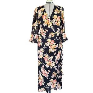Spenser Jeremy Silk Floral Wrap Dress Black Pink Green‎ 100% Silk Sz 10